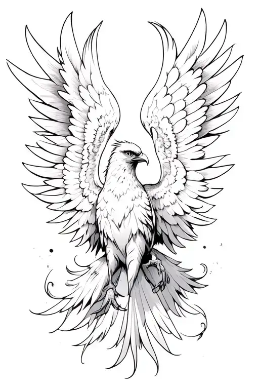 black and white phoenix with wings above head flapping tattoo design idea