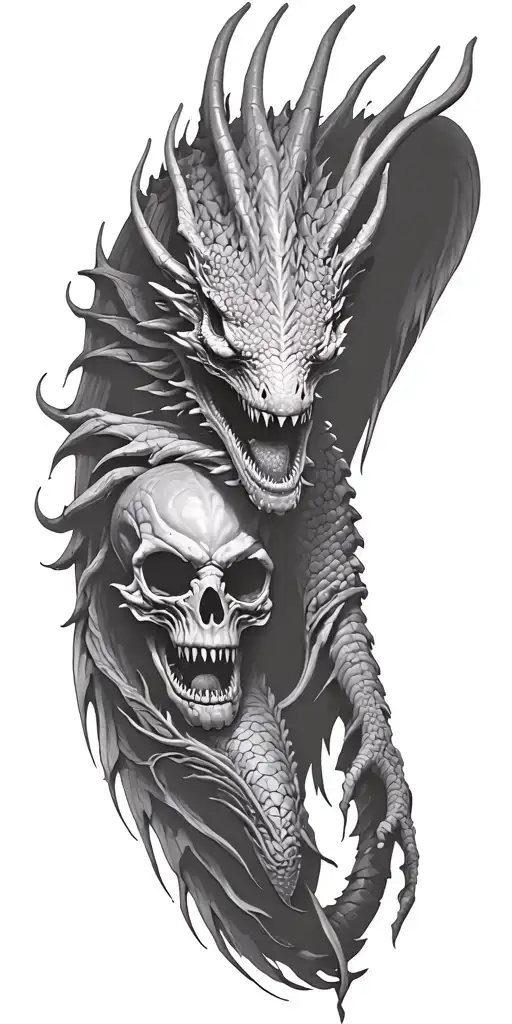 dragon wrapped, alien texture, skulls representing dark periods tattoo design idea
