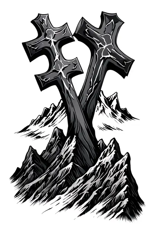 3 Crosses/ 11:11 design surrounded by mountain tattoo design idea
