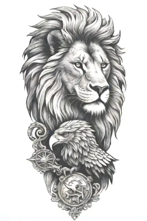 a lion and an eagle perched tattoo design idea