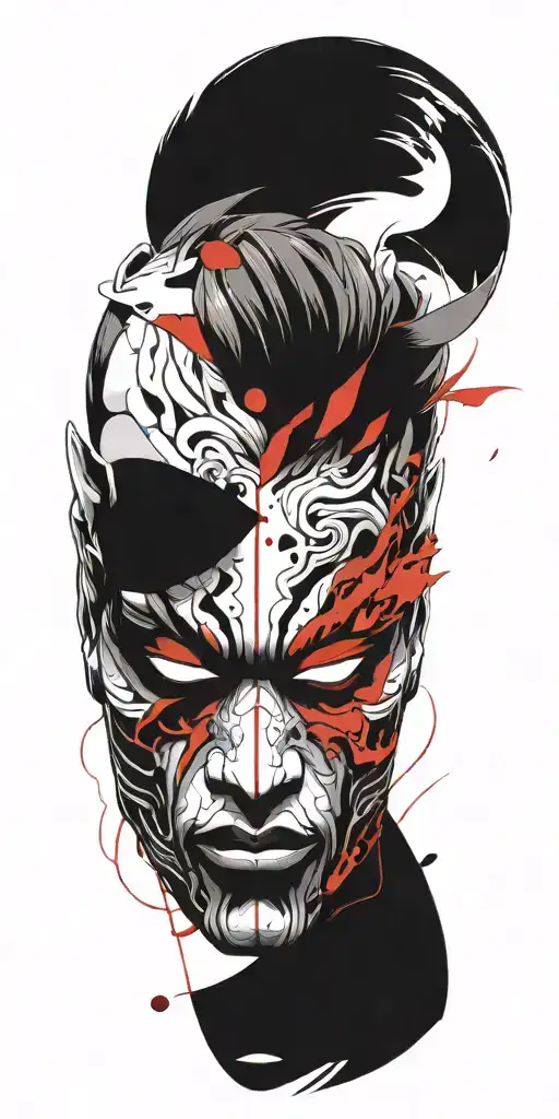 male anime character  oni mask fighting off inner demons with minimal black tattoo design idea