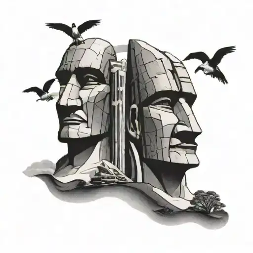 A tattoo of the iconic Easter Island statues with a backdrop of the Sydney Opera House tattoo design idea