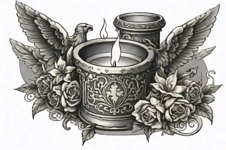 in the middle a candle showing off its light with small angels around it. make it look Greek. tattoo design idea