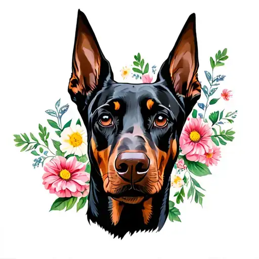 Doberman with flowers instead of eyelashes tattoo design idea