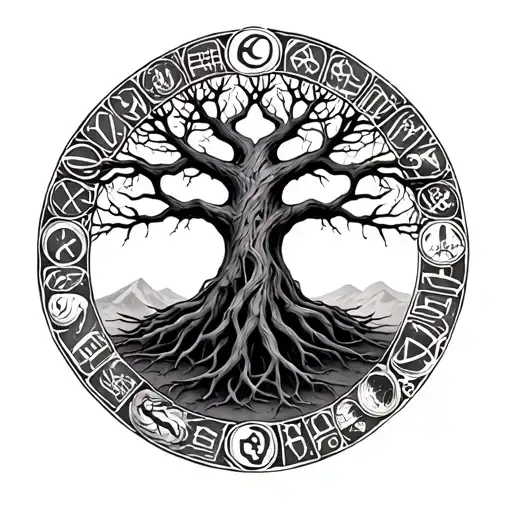 Yggdrasil, the World Tree, intertwined with Nordic runes representing resilience and growth tattoo design idea