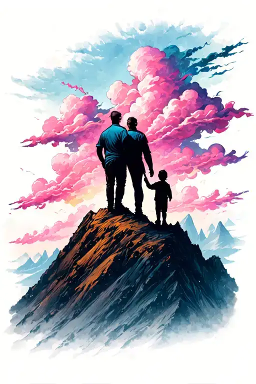 A tattoo of a father and child silhouette standing on a mountain peak, with pink clouds swirling around them, symbolizing the client's role as a dad and his connection to the natural world tattoo design idea