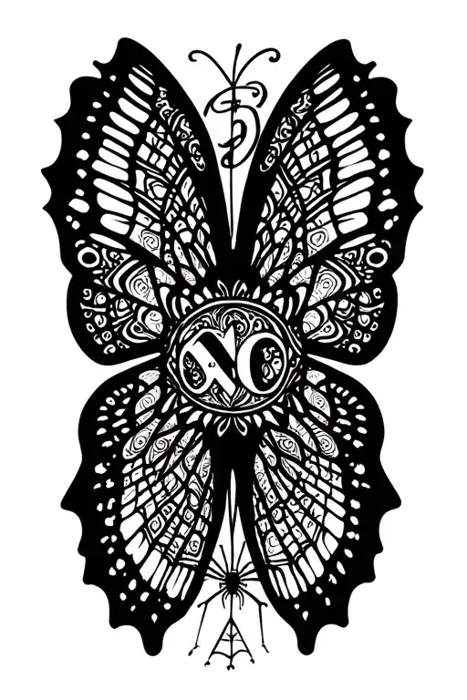 "Jonna" Butterfly Initials In Wings With Mandala Along With Spider Webs tattoo design idea