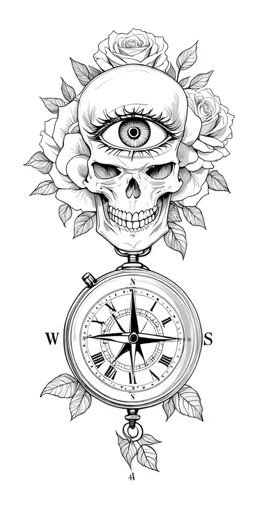 third eye, skull, compass, pocket watch surrounded by roses tattoo design idea
