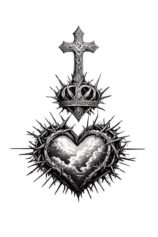 heart shape, clouds, rays, floral patterns, Norse cross, crown of thorns tattoo design idea