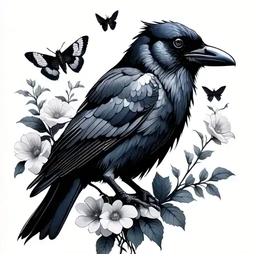 crow with flowers and gypsy moths flying tattoo design idea