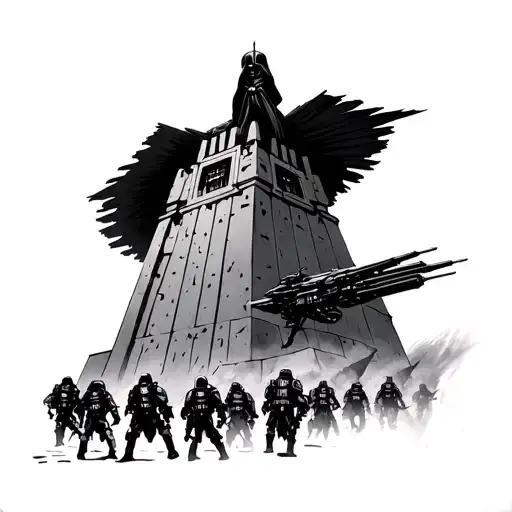 Darth Vader sitting above the eye of sauron tower with deathtroopers and dark riders walking away from the tower tattoo design idea