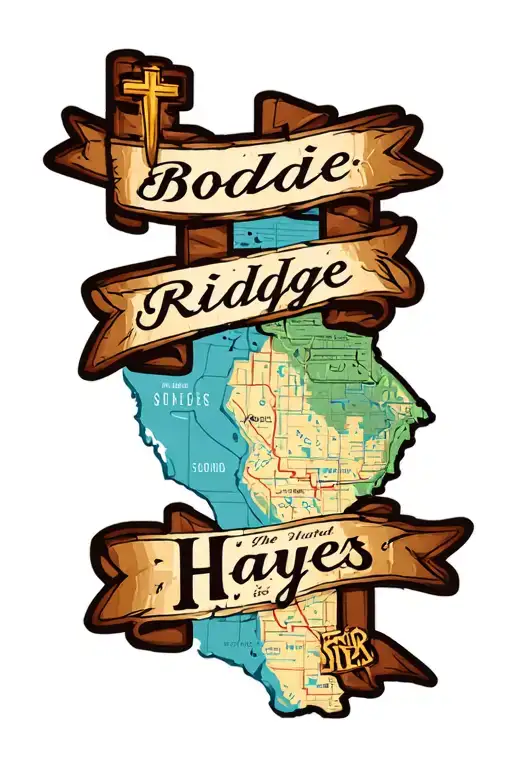 I want the names Bodie, Ridge, Hayes with a cross and geography with contours on a map  tattoo design idea