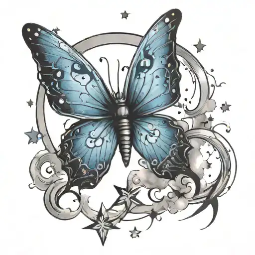 blue butterfly with moon and stars with clouds in the background and small lighting bolts giving  tattoo design idea