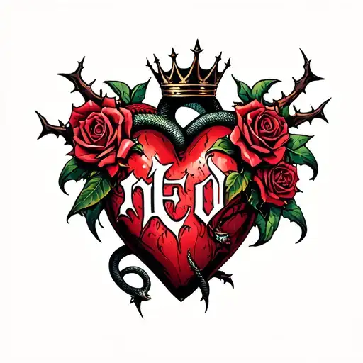 Gothic-style heart entangled with thorns, topped with a crown, four roses, and two angry snakes with Gothic-style letter tattoo design idea