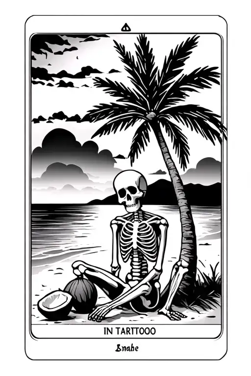 skeleton sitting on the beach sunset under palm tree with coconuts in a tarot card  tattoo design idea