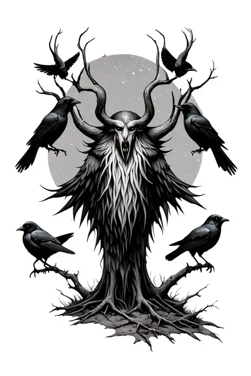 Leshy, in a forest, peaceful with a few crows around  tattoo design idea