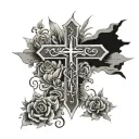3 crosses over a name and dates tattoo design idea