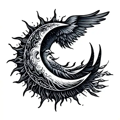 sun, crescent moon, wave outline, bird outline tattoo design idea