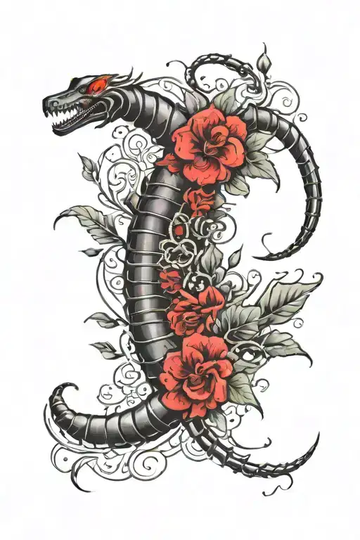 A unique centipede and flower tattoo design incorporating elements of Tokyo Ghoul, with the centipede in black and the flower in red, designed to wrap around the arm for a download file. tattoo design idea
