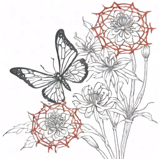 chrysanthemum, spider lilies, spider webs entwined, red, black, butterfly tattoo design idea