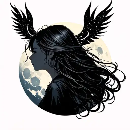 profile Selene with long hair and the moon in the background tattoo design idea