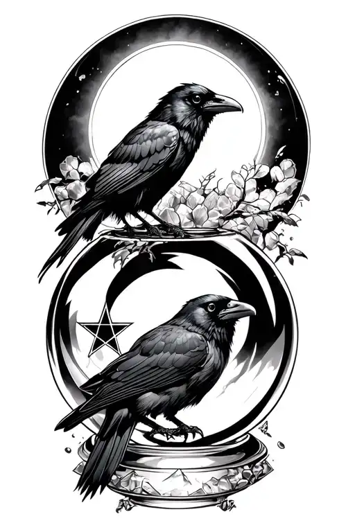 Raven on top of crystal ball with pentagram mixed tattoo design idea