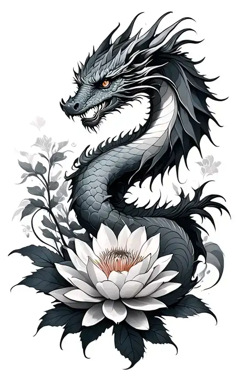 dragon and lotos flower tattoo design idea