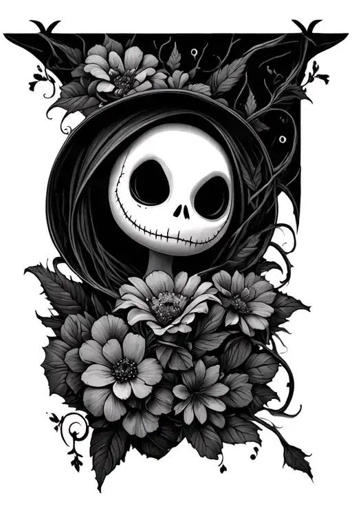 nightmare before Christmas with flowers wrapped tattoo design idea