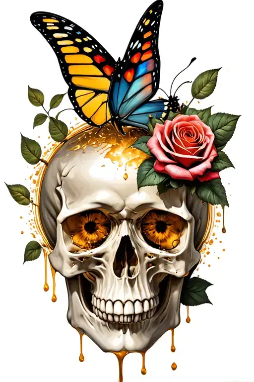 skull merging into butterfly, skull melting downward and having a rose growing out of its eye socket, golden highlights. tattoo design idea