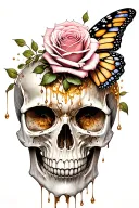 skull merging into butterfly, skull melting downward and having a rose growing out of its eye socket, golden highlights. tattoo design idea