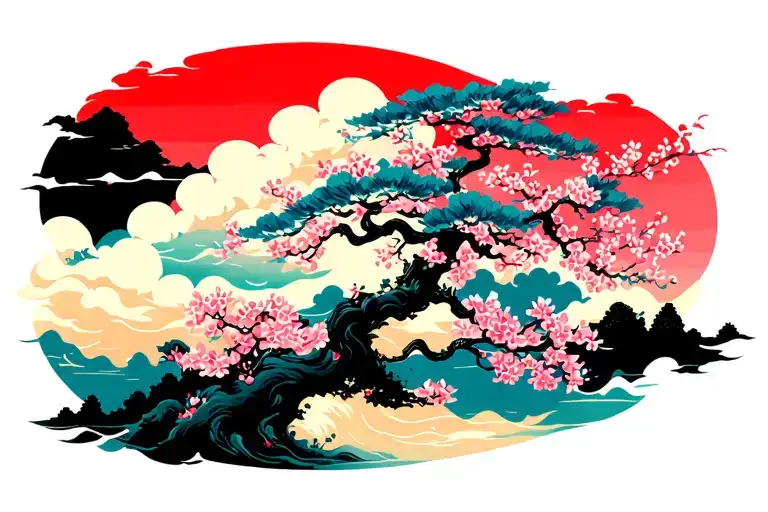 Asian clouds swirling cherry blossom tree tattoo design idea