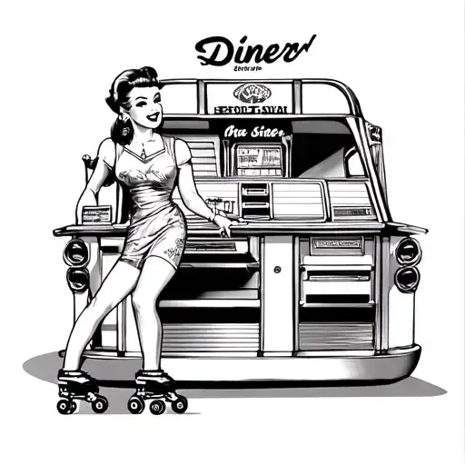 60s style diner with jukebox, rollerblading waitress, in a carpark, with rockabilly pop art tattoo design idea