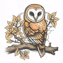 barn owl perched on a branch tattoo design idea