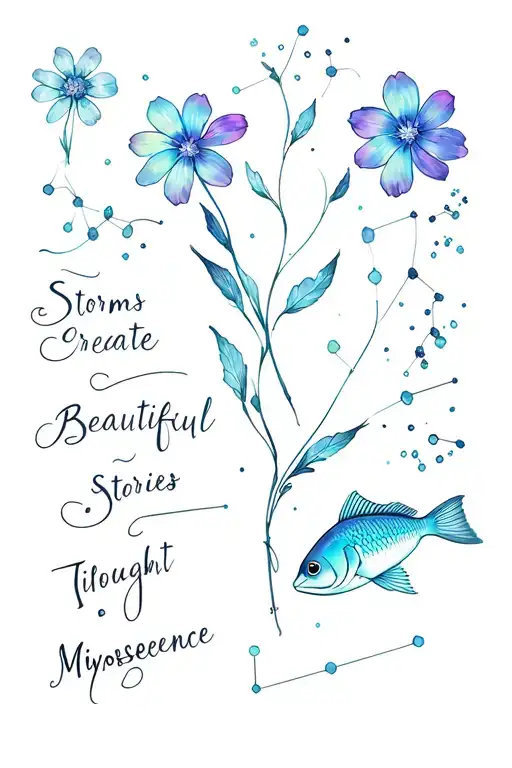 "Storms Create Beautiful Stories" + "Iridescence" + Flower of thought, Myosotis, Mimosa + Constellation Taurus et Poissons tattoo design idea