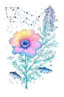 "Storms Create Beautiful Stories" + "Iridescence" + Flower of thought, Myosotis, Mimosa + Constellation Taurus et Poissons tattoo design idea