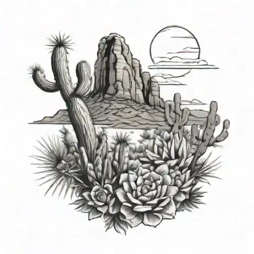 Arizona desert landscape with mountains, cactus, and desert flowers tattoo design idea