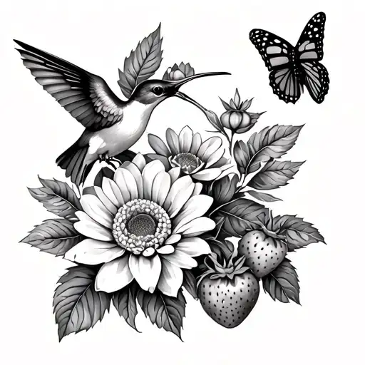 orange blossom with humming bird. rose. chrysanthemum. monarch butterfly. strawberry flower and fruit tattoo design idea