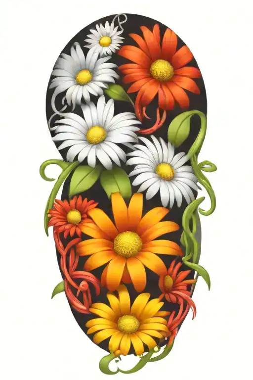 Colorful daisies  intertwined around a vine tattoo design idea