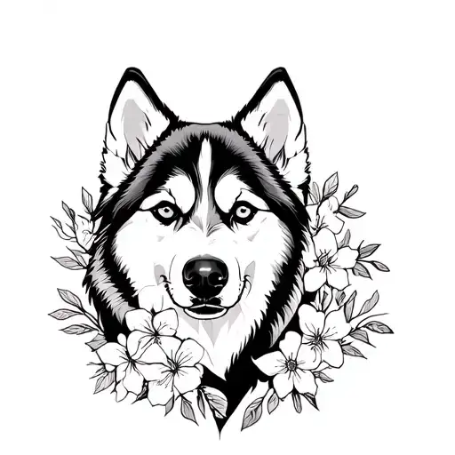 husky con flores tattoo design idea
