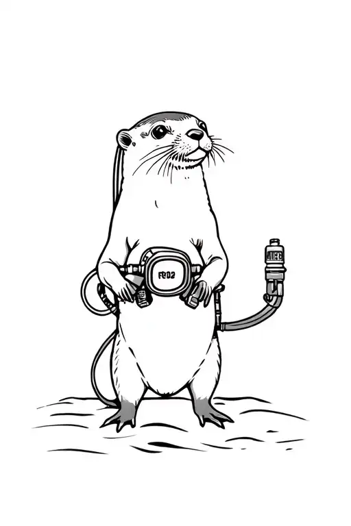 Otter wearing diving equipment, scuba gear and oxygen tank tattoo design idea
