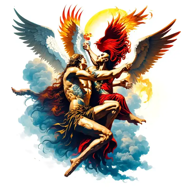 heaven vs hell theme with angels and demons fighting tattoo design idea