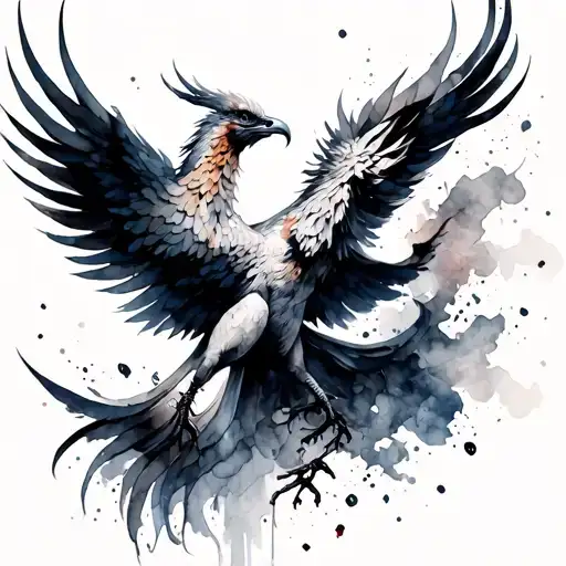 Watercolor style tattoo of a phoenix, vibrant colors, dynamic pose. tattoo design idea