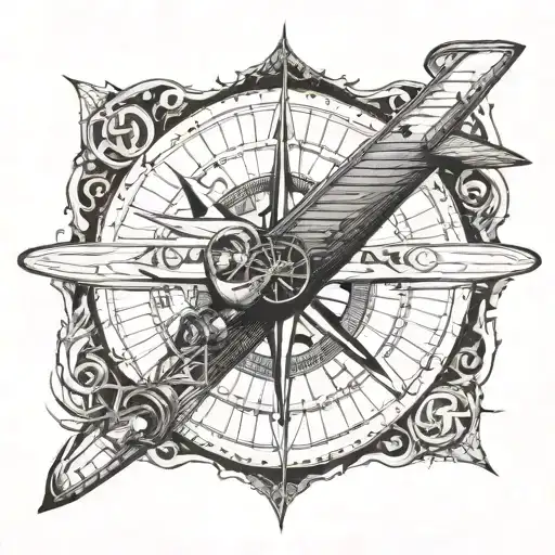 A vintage airplane flying towards a detailed compass rose tattoo design idea