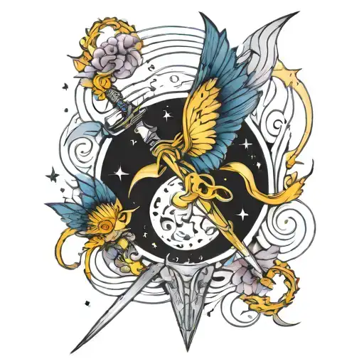 stars, moon, saturn, cilestical, butterfly, sword, dragon tattoo design idea