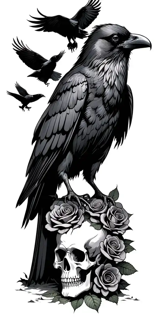 Raven standing on ground with skull and roses growing up and ravens flying  tattoo design idea