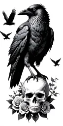Raven standing on ground with skull and roses growing up and ravens flying  tattoo design idea