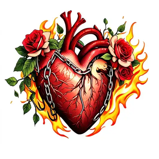 Word Damaris, Roses, Realistic Heart, Chain arround the heart, fire around the heart, flowers tattoo design idea