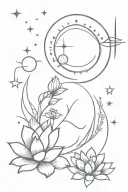 there must be these elements 1 lotus; 1 moon; 1 eye; 1 sword 1 sun; stars; bohemian and feminine effect fine line tattoo design idea