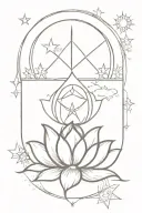there must be these elements 1 lotus; 1 moon; 1 eye; 1 sword 1 sun; stars; bohemian and feminine effect fine line tattoo design idea
