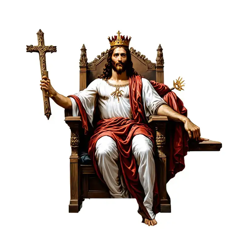 christ sitting on his throne of judgment dressed as a king tattoo design idea
